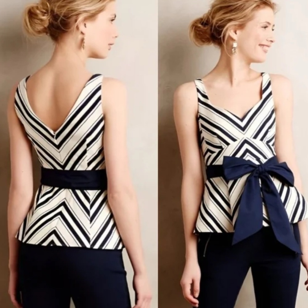 Anthropologie Maeve Navy Stripe Peplum Bow Top